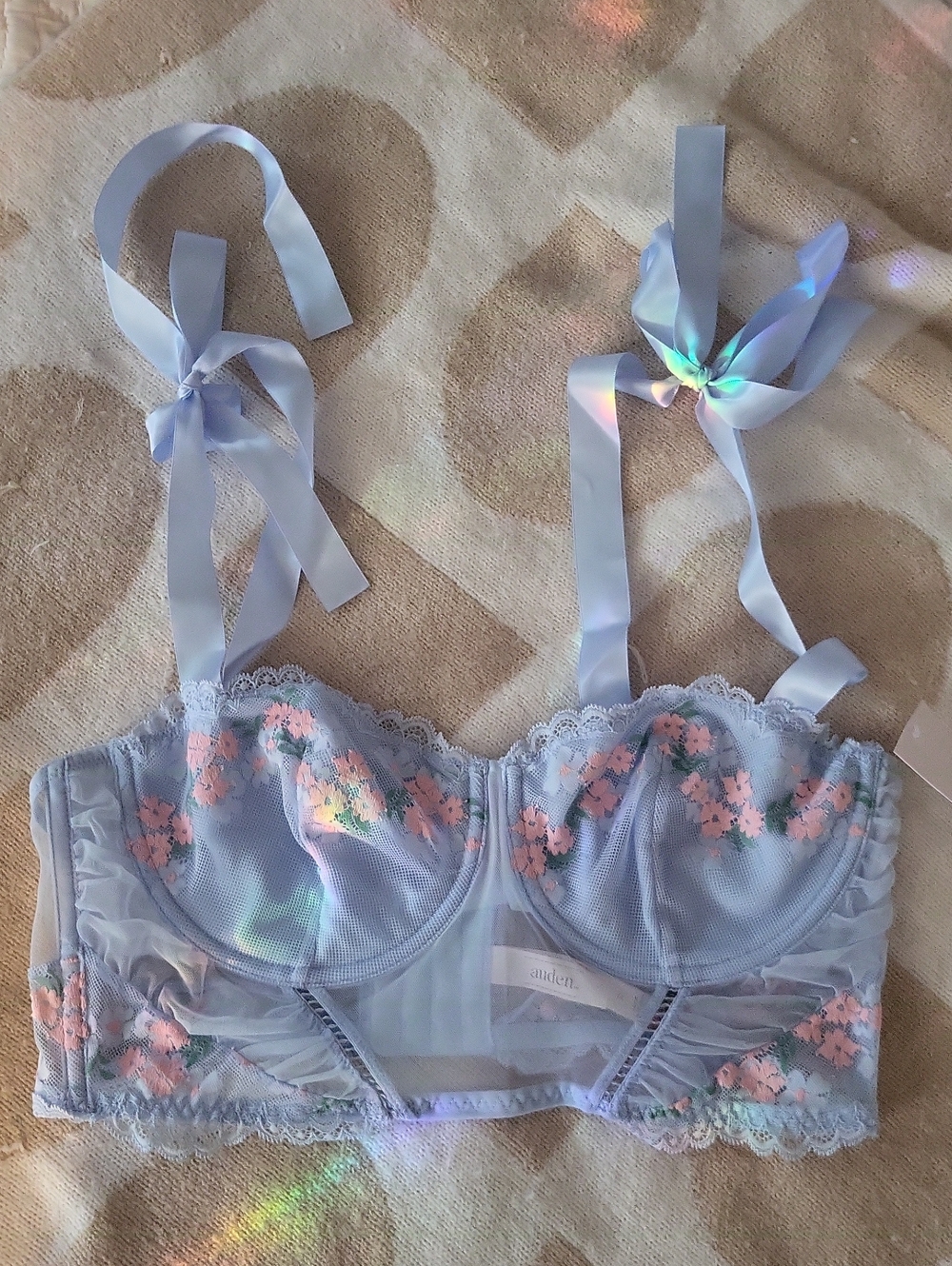 Auden Pale Blue Longline Floral Lace Bralette with Pink Embroidery - Picture 1 of 8